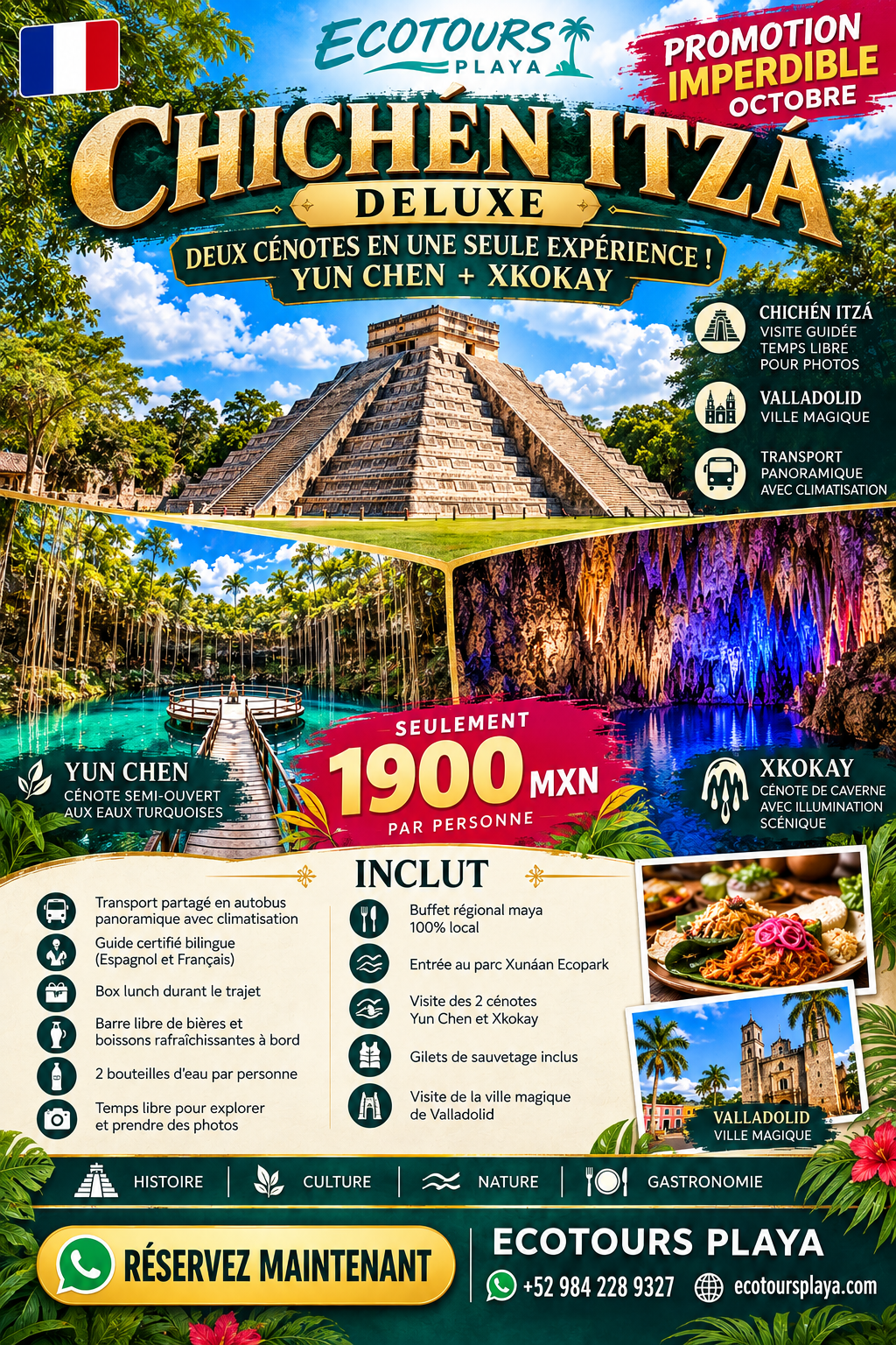 Chichén Itzá Deluxe + 2 Cenotes Yun Chen y Xkokay + Valladolid 🇫🇷