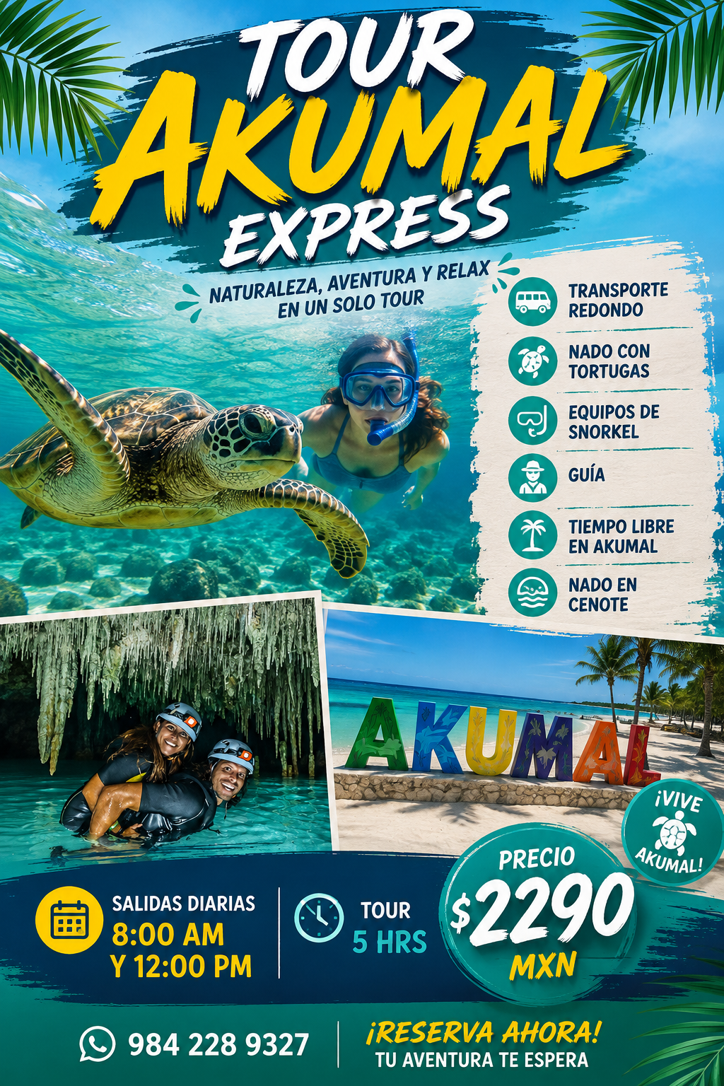 Akumal Express: Nado con Tortugas + Cenote | Dos salidas diarias
$2,290 MXN 🐢